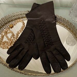 Elegant Dark Brown Kid Leather Gloves Size M